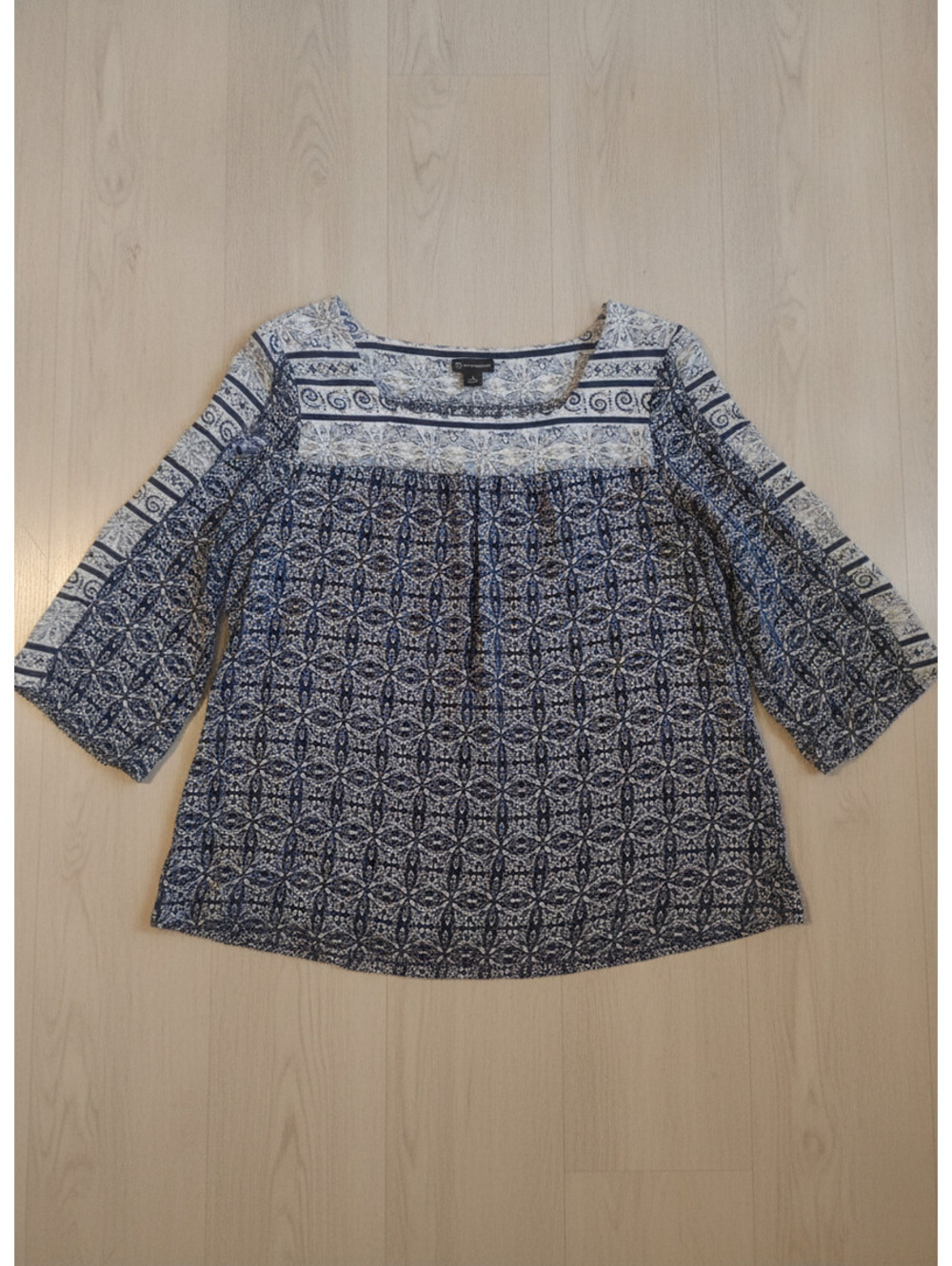 New Directions Blue White Patterned Square Neck 3/4 Sleeve Blouse Size S